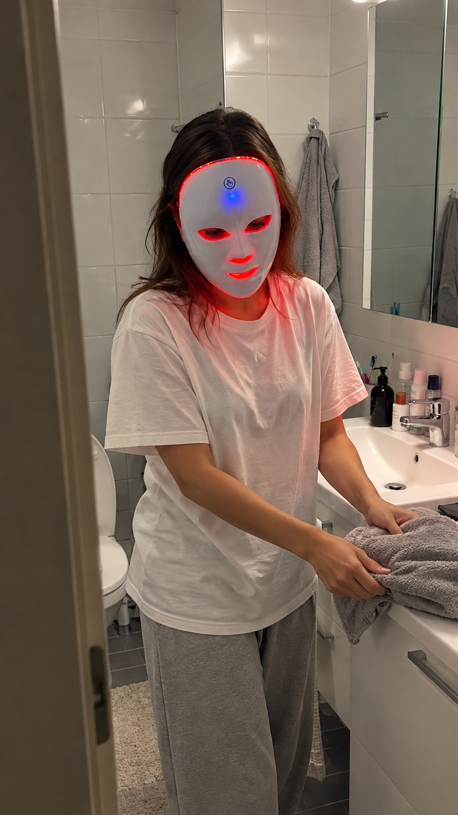 Kvinna i badrummet med LED-masken